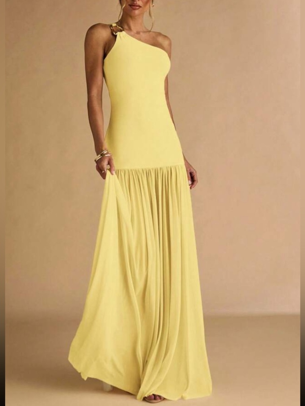 One Shoulder Lemon Yellow Maxi Dress - Picture 6 of 7